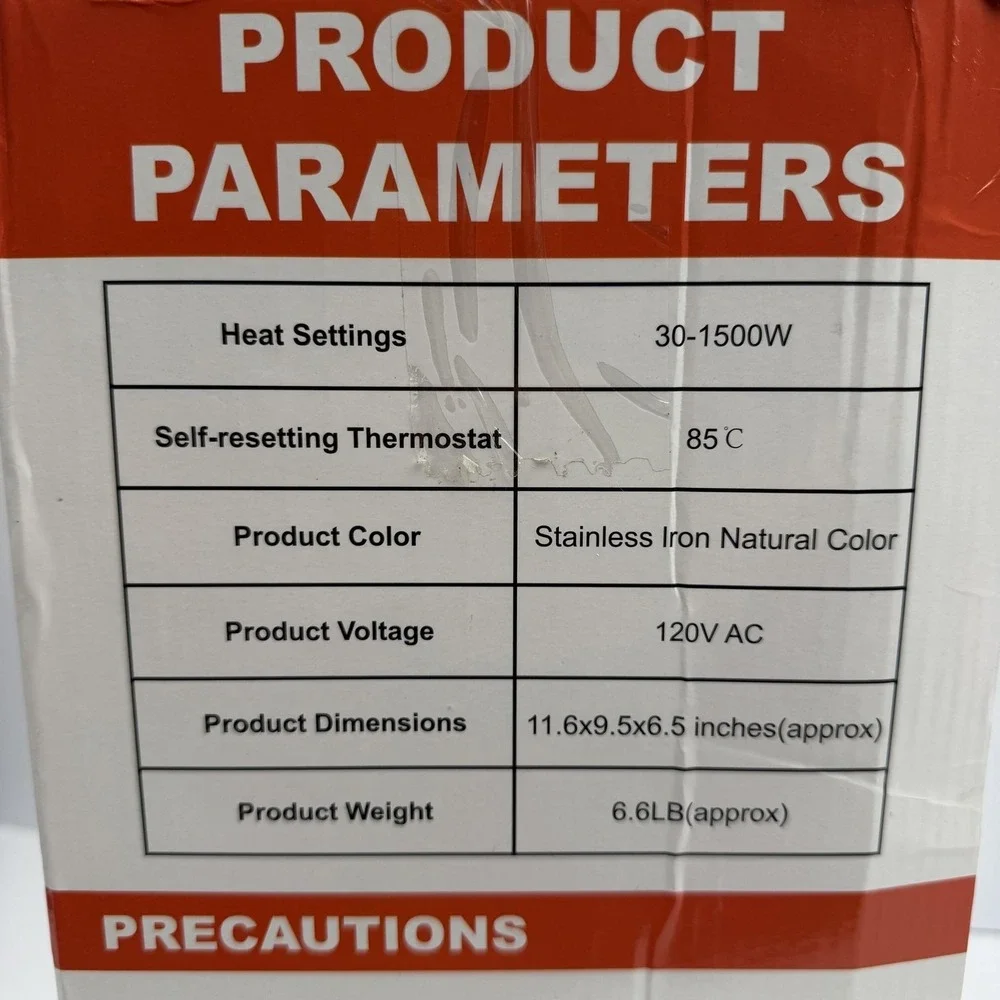 Electric Fan Heater 1500W Portable Steel Black Space Heater Thermostat Open Box